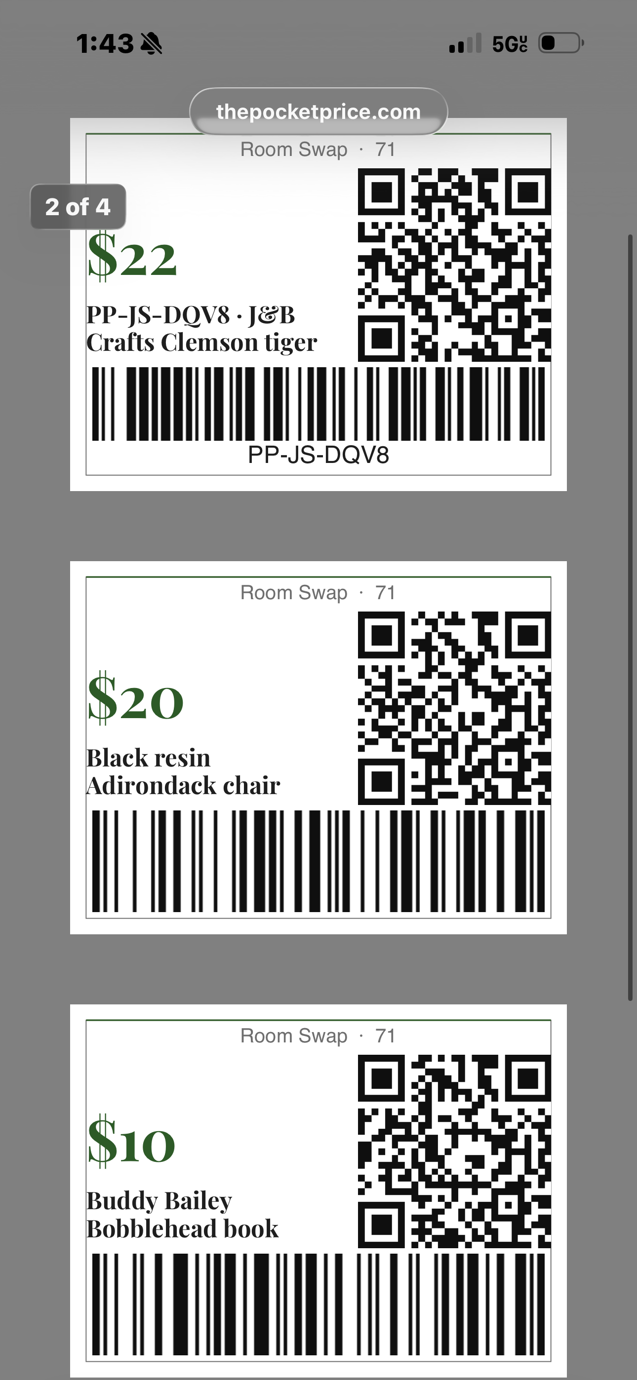 Printed price tags from PocketPrice showing price, item name, QR code, and barcode