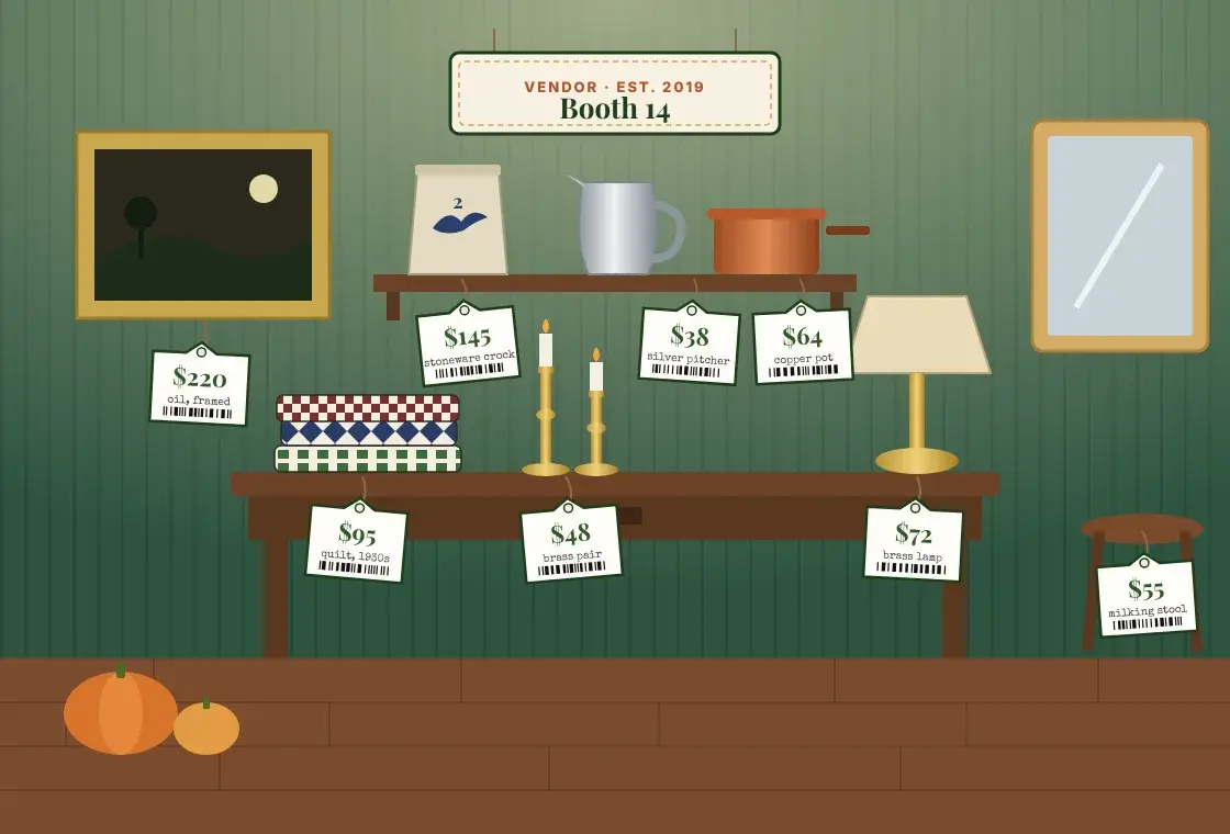 A drawn antique booth, Booth 14: a stoneware crock, silver pitcher, copper pot, quilts, brass candlesticks, a lamp and an oil painting, each wearing a printed price tag with a barcode.
