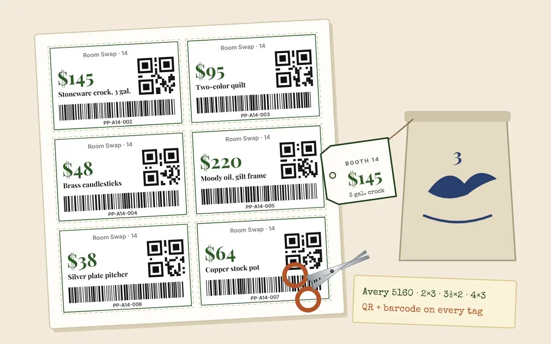 A printed sheet of six price tags, each with a price, item name, QR code and barcode, next to scissors and a stoneware crock wearing a Booth 14 string tag.